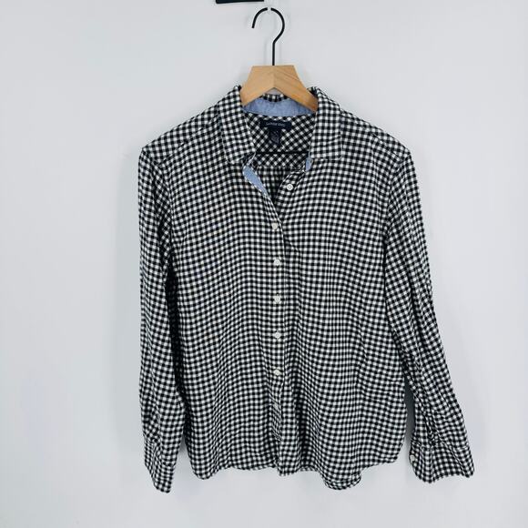 Lands’ End Black White Gingham Flannel Shirt L Petite Cozy Cabin Holiday Plaid - Picture 1 of 6